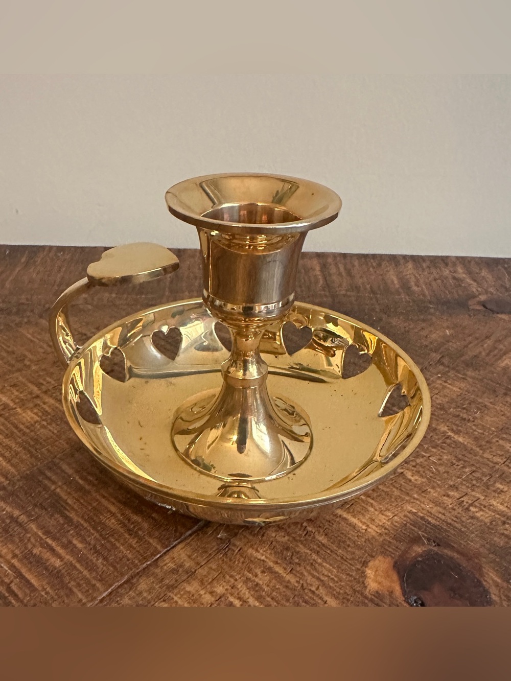 Vintage Brass Taper Candle Holder w/ Heart Shape Cut Outs, Chamberstick